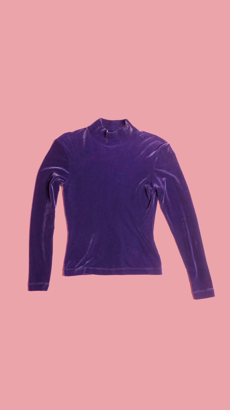 May include: A long-sleeved, purple velvet top with a mock neck. The top is a solid color and has a fitted silhouette. The background is a solid pink.