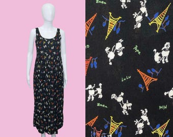 1990s Dressing Clio Petites POODLES & PARIS Eiffel Tower Novelty Print BABYDOLL Sleeveless Drop Waist Dress with Pockets Extra Small-Small