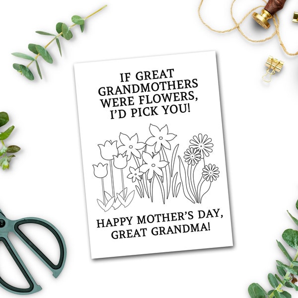 Great Grandma Gifts, Printable Mothers Day Card for Great Grandmother, Children's Coloring Cards, Instant Download Mothers Day Crafts