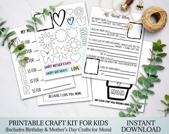 Printable Craft Kit for Kids, Instant Download Mother's Day Cards for Mom from daughter, Unique Birthday gift ideas for Mom from son