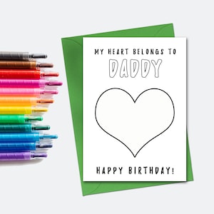 Carte de coloriage d’anniversaire pour papa, carte d’anniversaire téléchargeable de la fille, cartes d’anniversaire imprimables 4x6 5x7, idée d’artisanat pour enfants