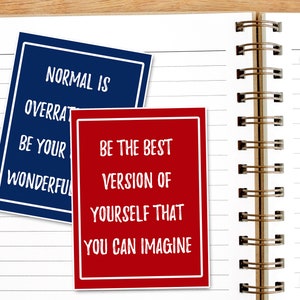 May include: Three motivational quote cards with white text on colored backgrounds. The first card is blue with the text "Normal is overrated. Be your wonderful." The second card is red with the text "Be the best version of yourself that you can imagine." The third card is black with the text "You have to be willing to be uncomfortable to grow.  It's the only way to become the best version of yourself.  Even when one is uncomfortable, it's important to do the right thing."