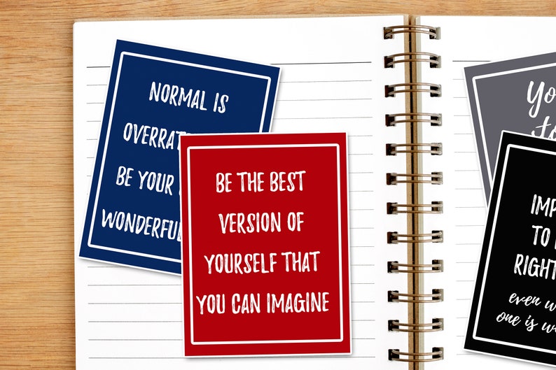 May include: Three motivational quote cards with white text on colored backgrounds. The first card is blue with the text "Normal is overrated. Be your wonderful." The second card is red with the text "Be the best version of yourself that you can imagine." The third card is black with the text "You have to be willing to be uncomfortable to grow.  It's the only way to become the best version of yourself.  Even when one is uncomfortable, it's important to do the right thing."
