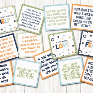 May include: A set of 10 colorful cards with writing prompts for journaling. The cards have a blue, green, and orange color scheme with white polka dots. The cards have prompts such as "Write about ways to help", "Write about love", and "Write about fear".