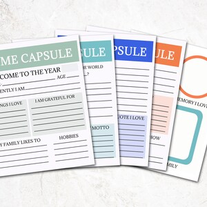 Printable Time Capsule Set features 5 different Instant Download pages that are meant to be filled in as a time capsule activity. Includes writing prompts to help with the process. Color scheme is green, aqua, blue & orange.