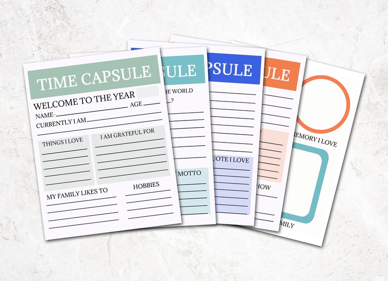 Printable Time Capsule Set features 5 different Instant Download pages that are meant to be filled in as a time capsule activity. Includes writing prompts to help with the process. Color scheme is green, aqua, blue & orange.