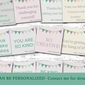 May include: A set of printable encouragement cards with pastel colors and a bunting design. The cards feature positive messages like "You are so kind!" and "It is ok to make mistakes."