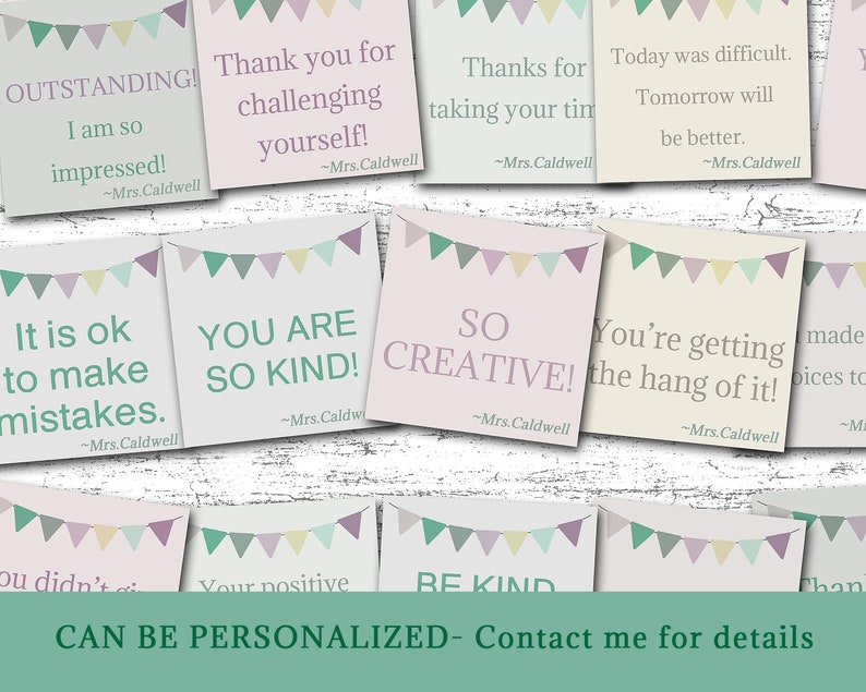 May include: A set of printable encouragement cards with pastel colors and a bunting design. The cards feature positive messages like "You are so kind!" and "It is ok to make mistakes."