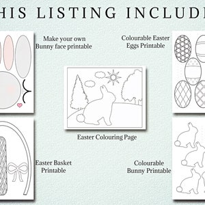 May include: Printable Easter coloring pages featuring a bunny face, bunny silhouettes, an Easter basket, Easter eggs, and a bunny in a field.  This listing includes "Make your own Bunny face printable", "Colourable Easter Eggs Printable", "Easter Basket Printable", "Easter Colouring Page", and "Colourable Bunny Printable".