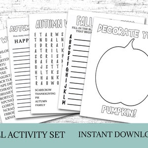 Instant Download Fall Activity Set includes 5 Autumn Worksheets includes a Decorate your pumpkin craft, a fall word search, an autumn word scramble, an ABC word list and a Create your own words activity.