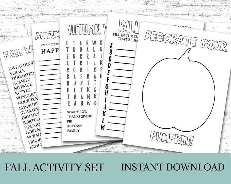 Instant Download Fall Activity Set includes 5 Autumn Worksheets includes a Decorate your pumpkin craft, a fall word search, an autumn word scramble, an ABC word list and a Create your own words activity.