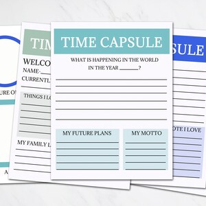 Instant Download 5 page Time Capsule Set featuring writing prompts for families or children to fill out as a fun activity that you will enjoy looking back on. Color scheme is turquoise, blue, green and orange.