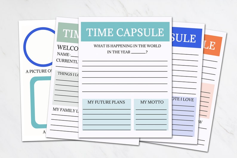 Instant Download 5 page Time Capsule Set featuring writing prompts for families or children to fill out as a fun activity that you will enjoy looking back on. Color scheme is turquoise, blue, green and orange.