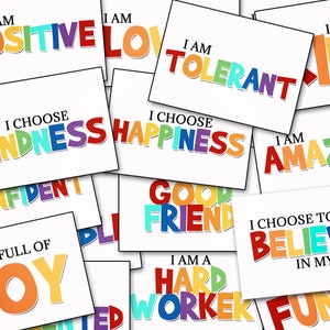 Positieve affirmatiekaarten voor kinderen, downloadbare vriendelijkheidskaarten, afdrukbare lunchbox liefdesbriefjes, I AM Kind-zakkaart, angsthulp kinderen