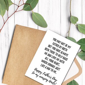May include: A white card with a handwritten message that reads "You may not be my father by birth but you have always been there to help raise me and love me with all your heart, which sounds just like a dad to me. Happy Father's Day to my amazing Uncle!"