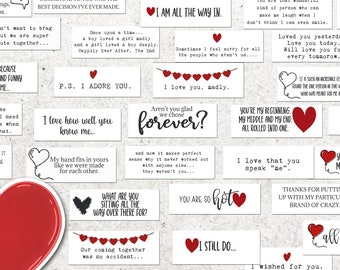 May include: A collection of 20 printable cards with romantic messages and illustrations of hearts and balloons. The cards feature phrases like "I love you madly", "You're my beginning, my middle and my end", and "I love how well you know me".
