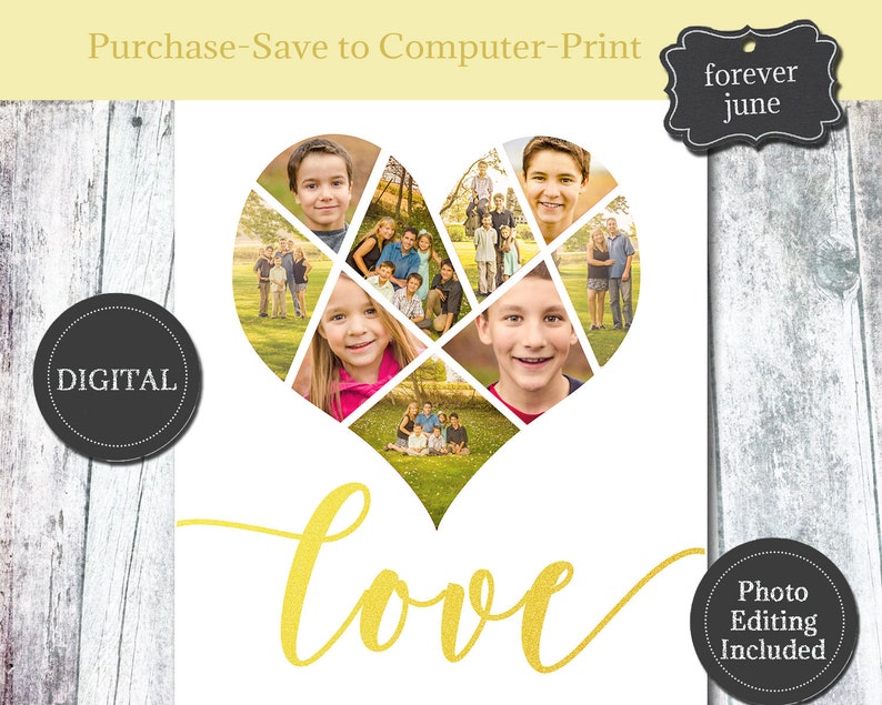 Family Photo Collage Heart Shape Printable Custom Mothers Etsy
