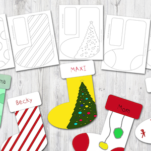 Artesanato de Natal para imprimir para crianças, modelo de meia, arte para jardim de infância, páginas para colorir faça você mesmo, atividade para educação domiciliar, download instantâneo