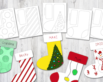 May include: Printable Christmas stocking templates with names "Grandma", "Becky", "Maxi", "Mom", and "Daddy". The templates are blank and can be colored in. The stockings are decorated with different designs, including polka dots, stripes, a Christmas tree, and a snowman.
