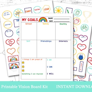 Kids Printable Vision Board Kit, Homeschool Worksheets for Kids, Goal Board, Home Learning Activity, Instant Download, Planner Pages