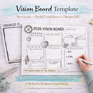 May include: A black and white vision board template with the text "Vision Board Template". The template includes sections for setting goals, building confidence, and dreaming big. It has space for notes, quotes, and affirmations. Includes a bonus "Visualize It" board.
