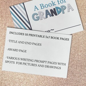 May include: A printable book for a grandparent, with a blue and gray striped cover. The book includes 10 pages, including title and end pages, an award page, and writing prompt pages with spots for pictures and drawings.