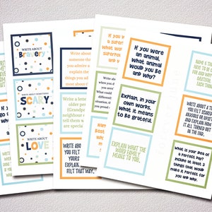 May include: A set of colorful printable cards with prompts for writing activities. The cards feature a variety of themes, including bravery, scary, love, family, and gratitude. Each card has a different color scheme and design.