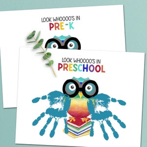 1st Day of Preschool Owl Handprint Art, Printable Rainbow theme Craft for Pre-K Students, Back to School Activity, Instant Download