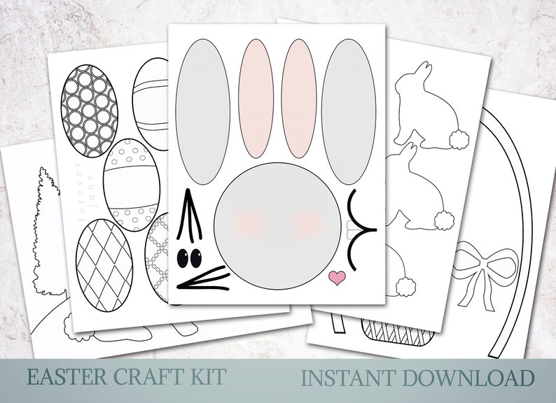 May include: Printable Easter craft kit with black and white outlines of a bunny, eggs, a basket, and a tree. The kit includes the text "Easter Craft Kit" and "Instant Download".
