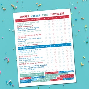 May include: A printable summer screen time checklist with a red, white, and blue color scheme. The checklist includes activities for the morning and afternoon, with checkboxes for each day of the week. The checklist also includes bonus screen time options.