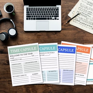 A tabletop is seen with a laptop, a mug of coffee, headphones, sheet music and a plate of cookies. Beneath these items, 5 printed pages sit, the words Time Capsule can be clearly seen, along with spots for writing in details and answers.
