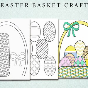 May include: A printable Easter basket craft template with a basket, bow, and eggs. The template includes a basket with a yellow handle and a bow, and a variety of eggs with different patterns. The eggs are ready to be colored.