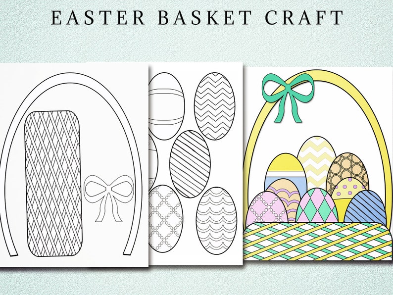 May include: A printable Easter basket craft template with a basket, bow, and eggs. The template includes a basket with a yellow handle and a bow, and a variety of eggs with different patterns. The eggs are ready to be colored.