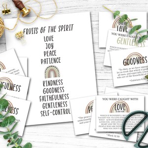 May include: Printable cards with rainbow designs and inspirational quotes about the fruits of the spirit, including love, joy, peace, patience, kindness, goodness, faithfulness, gentleness, and self-control.