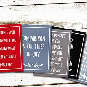 May include: Six motivational quote cards with white text on different colored backgrounds. The quotes are: "If you don't even try, how will you ever know what you are actually capable of?", "Comparison is the thief of joy", "Why doesn't being in you scared. It means you are scared but face your anyway.", "Positive thinking creates positive experiences."
