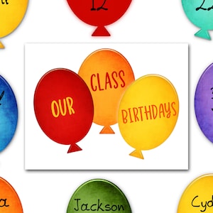 Klasse verjaardagsdisplay, afdrukbaar klasdecor, verjaardagsbord, bronnen voor leraren, direct downloaden, terug naar school kunst aan de muur