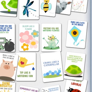 May include: A set of 16 colorful cards with illustrations and text prompts for a nature-themed movement game. The cards feature images of a snail, turtle, dragonfly, bee, lamb, grasshopper, recycle bin, flowers, watering can, pig, bike, caterpillar, ladybug, kite, and a sun.
