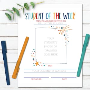 Ster van de week-certificaat, afdrukbaar in de klas voor leraar, studentenprijs, terug naar school-idee, direct downloaden
