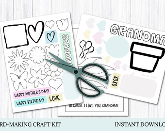 May include: A printable card-making craft kit with black and white illustrations of flowers, hearts, a pot, balloons, and the word "Grandma". The kit includes the text "Happy Mother's Day!" and "Happy Birthday!" and "Love" and "Because I love you, Grandma!" and "Forever June".