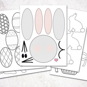 May include: A printable Easter craft activity with black and white outlines of a bunny, eggs, a basket, and a bow. The bunny has pink ears and a gray face.