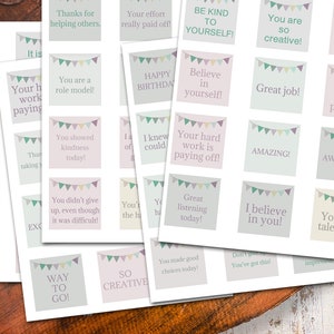 May include: A set of printable encouragement cards with positive messages. The cards feature a pastel color scheme with a banner design. Some of the messages include "You are so creative!" and "Your hard work is paying off!"