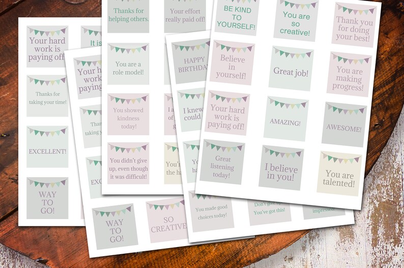 May include: A set of printable encouragement cards with positive messages. The cards feature a pastel color scheme with a banner design. Some of the messages include "You are so creative!" and "Your hard work is paying off!"