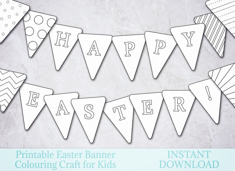 Printable Easter Banner includes 5 Instant Download files with a total of 40 individual pennants, including all of the letters to spell out Happy Easter & the rest with patterns. All pennant flags are meant to be colored in by kids.