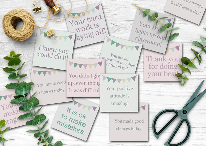May include: A set of ten colorful encouragement cards with a bunting design. The cards have positive messages for students, such as "You made good choices today!" and "Your hard work is paying off!"