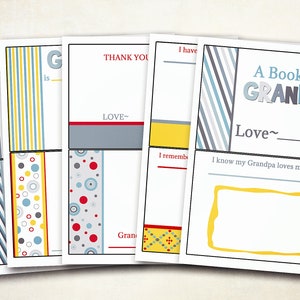 May include: A printable book for a grandpa with a blue, gray, and yellow striped cover. The title is "A Book for GRANDPA". The book has pages for writing messages and memories.