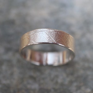 Silver Ring Band with Leaf Print, Wide silver ring