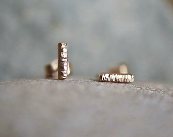 Rustic Solid Gold Bar Stud Earrings