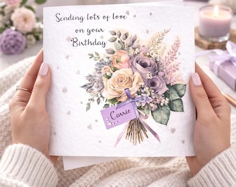 Birthday female card Personalised Name on 3D Tag / Floral Card, Bouquet Card, Flower Card. For Her, For Female ,For Woman, Card With Flowers