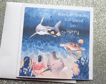 Boys / Girls Birthday Card, Handmade and Personalised, Son, Daughter, Grandson, Granddaughter, , Nephew, Niece, Shark / Fish Theme