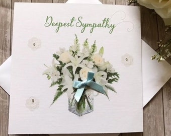 Beautiful Deepest sympathy card/ thinking of you/ in our thoughts/ condolences / handmade card and personalised.Colour of bow can be changed